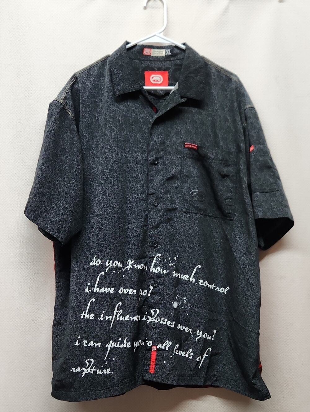 Ecko Unlimited Black Short-Sleeve Button-Down with White Script Graphic